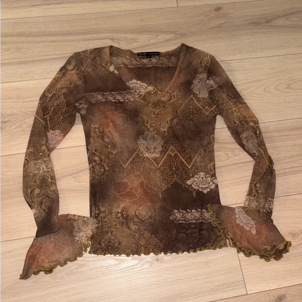 Y2K Brown Printed Fairy Bohemian Mesh Longsleeve